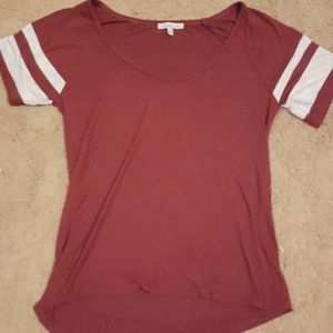 Red shirt with grey striped sleeves